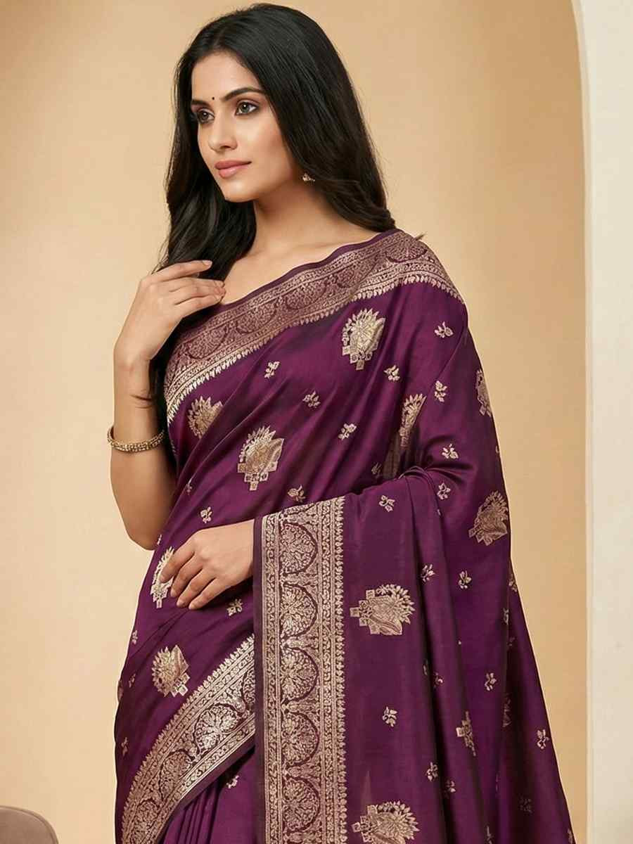 Wine Banarasi Soft Silk Zari Handwoven Casual Reception Festival Wedding Fancy Classic Style Sarees