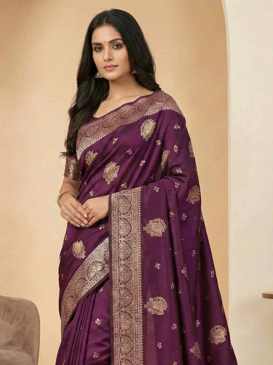 Wine Banarasi Soft Silk Zari Handwoven Casual Reception Festival Wedding Fancy Classic Style Sarees