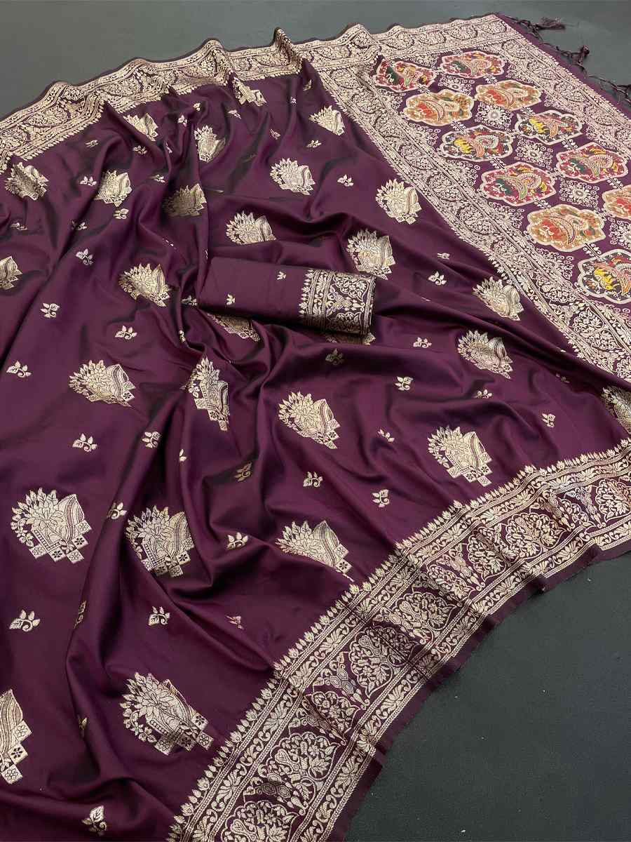 Wine Banarasi Soft Silk Zari Handwoven Casual Reception Festival Wedding Fancy Classic Style Sarees