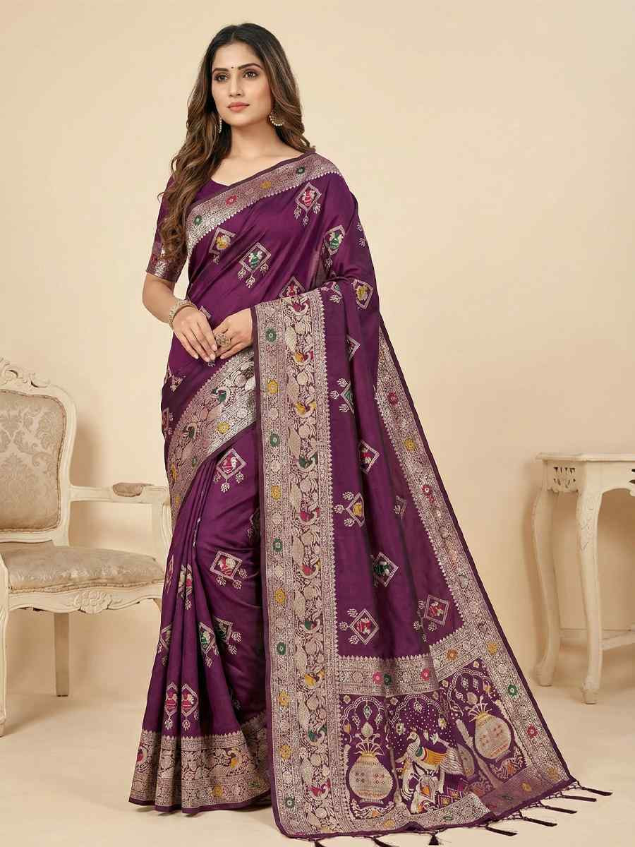 Wine Banarasi Soft Silk Zari Handwoven Casual Reception Festival Wedding Fancy Classic Style Sarees