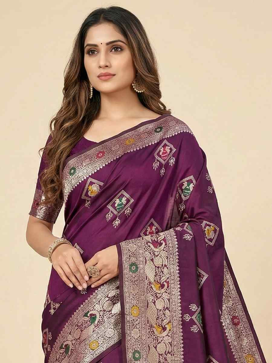 Wine Banarasi Soft Silk Zari Handwoven Casual Reception Festival Wedding Fancy Classic Style Sarees