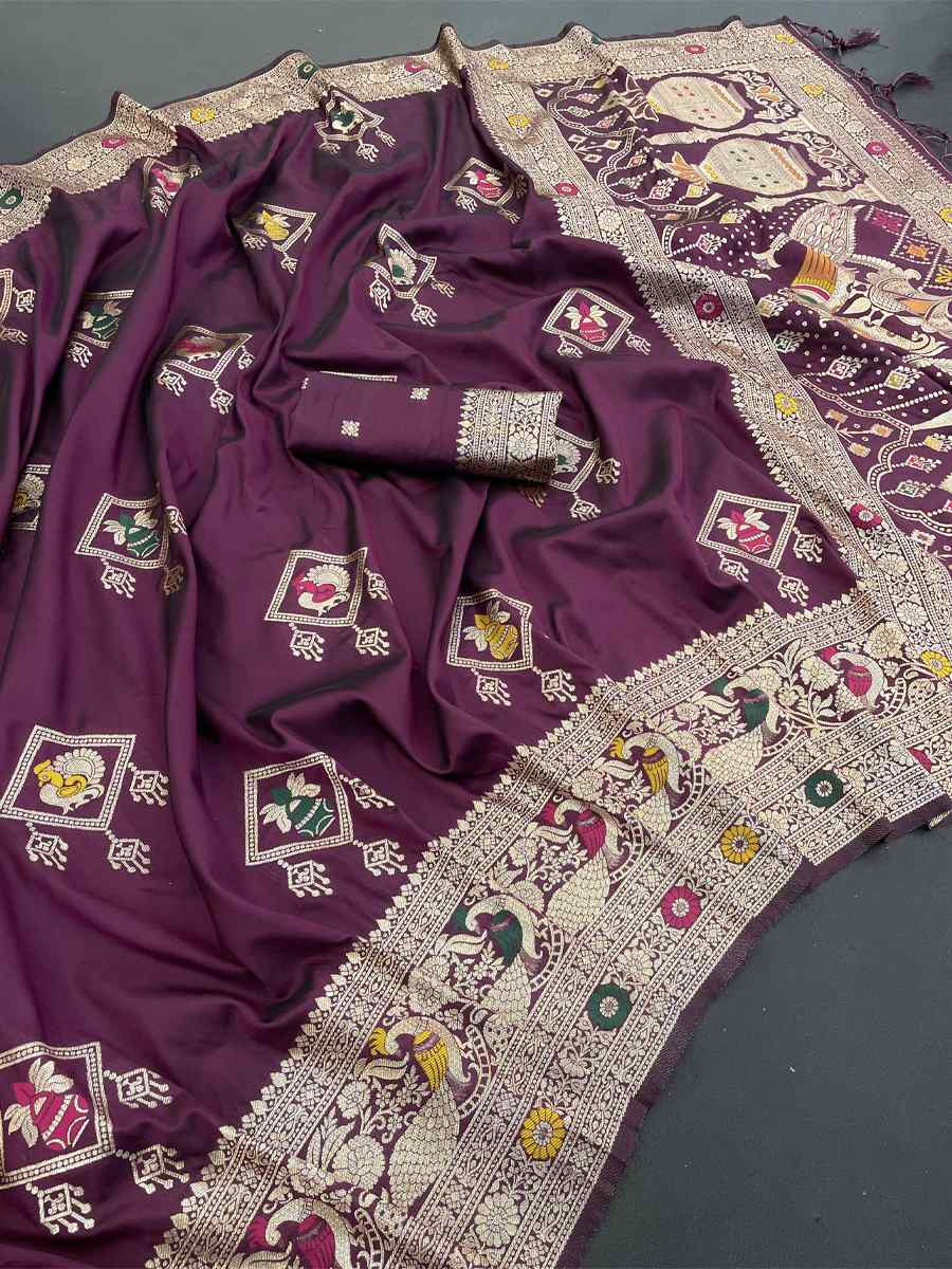 Wine Banarasi Soft Silk Zari Handwoven Casual Reception Festival Wedding Fancy Classic Style Sarees