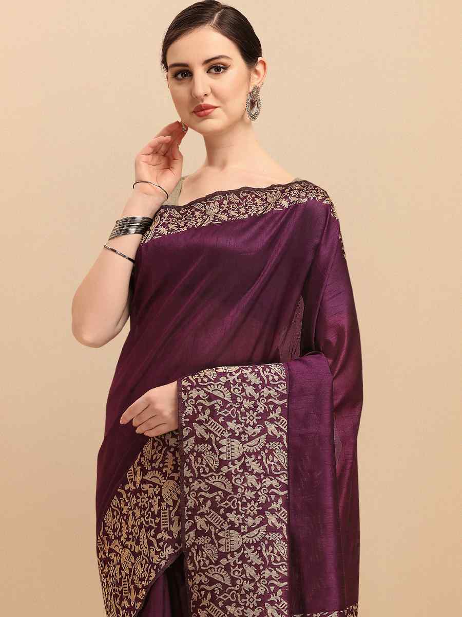 Wine Banglori Raw Silk Handwoven Wedding Festival Heavy Border Saree