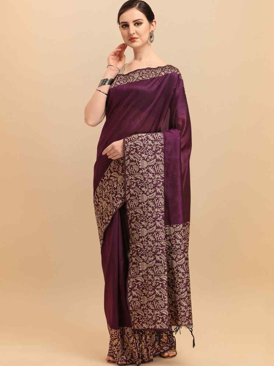 Wine Banglori Raw Silk Handwoven Wedding Festival Heavy Border Saree