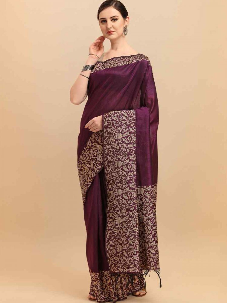 Wine Banglori Raw Silk Handwoven Wedding Festival Heavy Border Saree