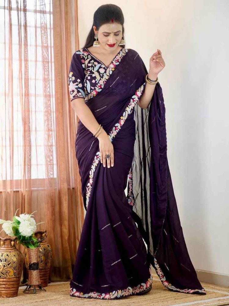 Wine Blooming Rangoli Embroidered Party Cocktail Classic Style Saree