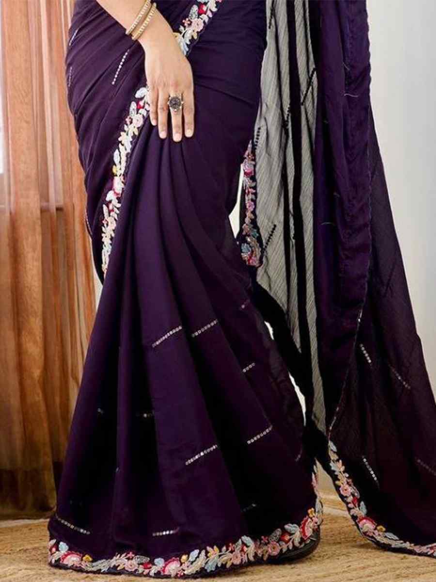Wine Blooming Rangoli Embroidered Party Cocktail Classic Style Saree