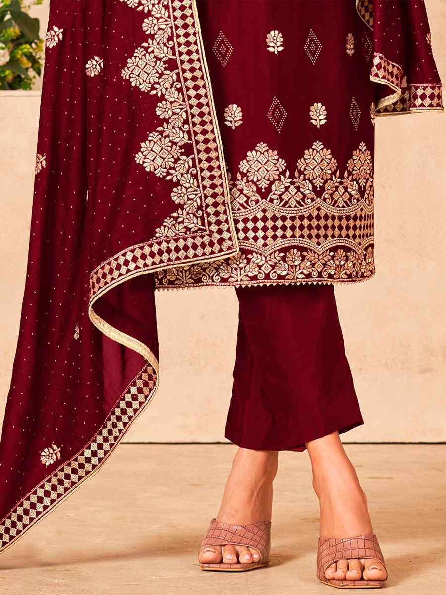 Wine Blooming Vichitra Embroidered Festival Wedding Pant Salwar Kameez