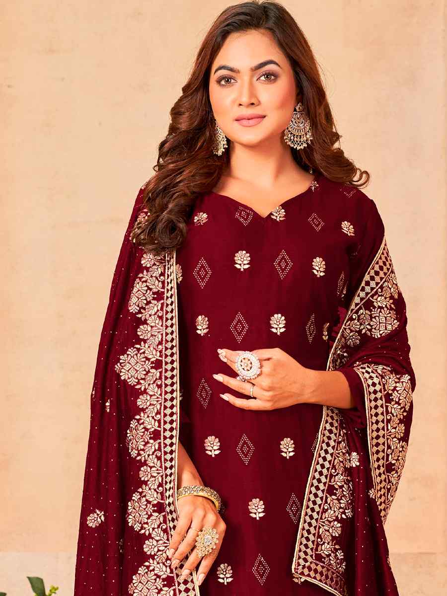 Wine Blooming Vichitra Embroidered Festival Wedding Pant Salwar Kameez