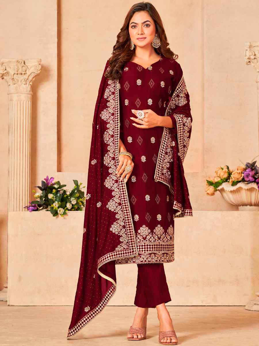 Wine Blooming Vichitra Embroidered Festival Wedding Pant Salwar Kameez