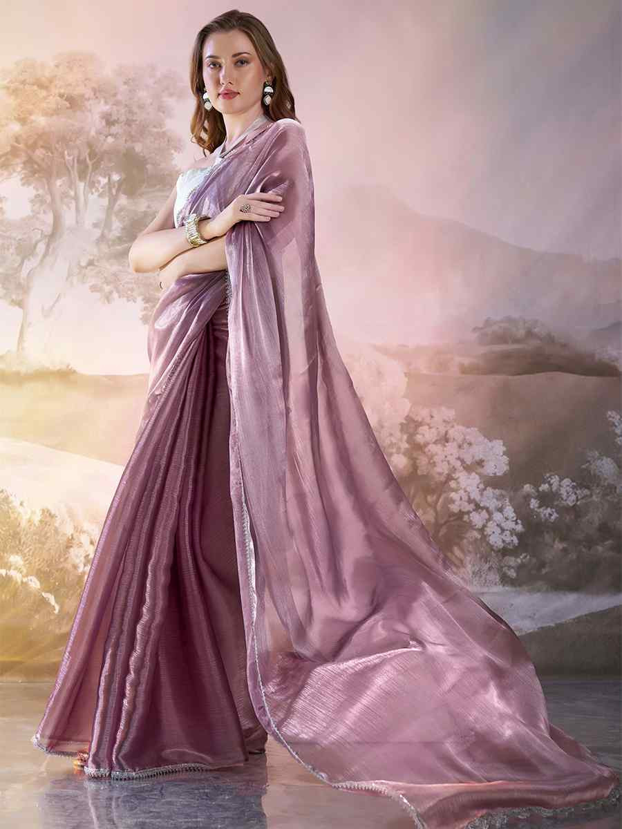 Wine Burberry Organza Solid Casual Festival Classic Style Saree