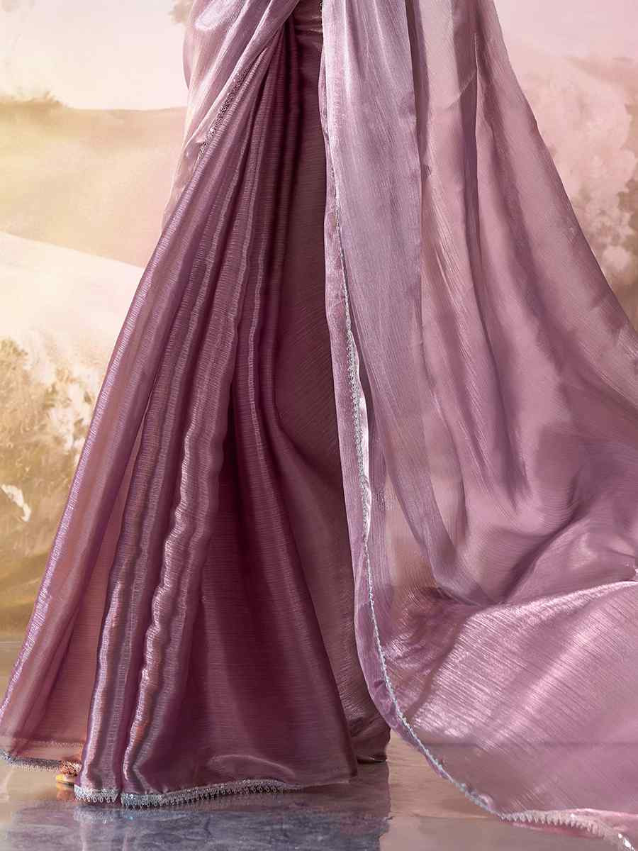 Wine Burberry Organza Solid Casual Festival Classic Style Saree