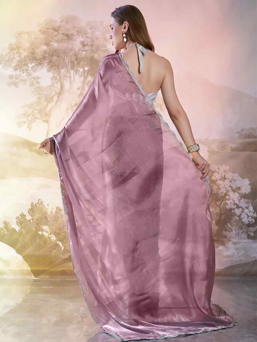 Wine Burberry Organza Solid Casual Festival Classic Style Saree
