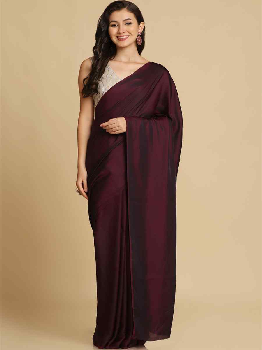 Wine Burfi Silk Sequins Casual Festival Classic Style Saree