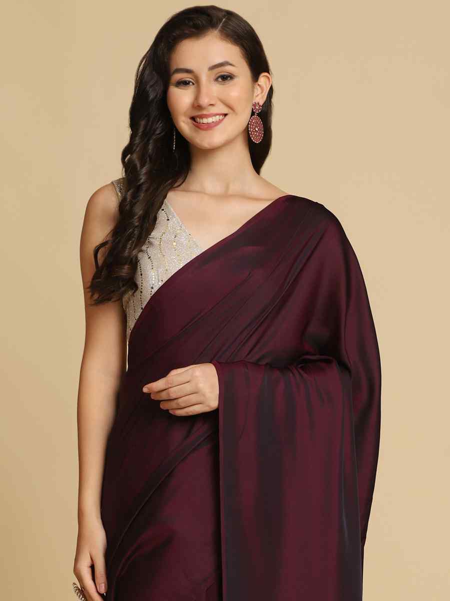 Wine Burfi Silk Sequins Casual Festival Classic Style Saree