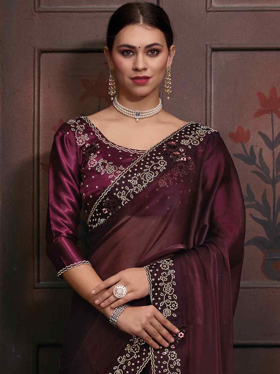 Wine Butterfly Silk Embroidered Party Reception Heavy Border Saree