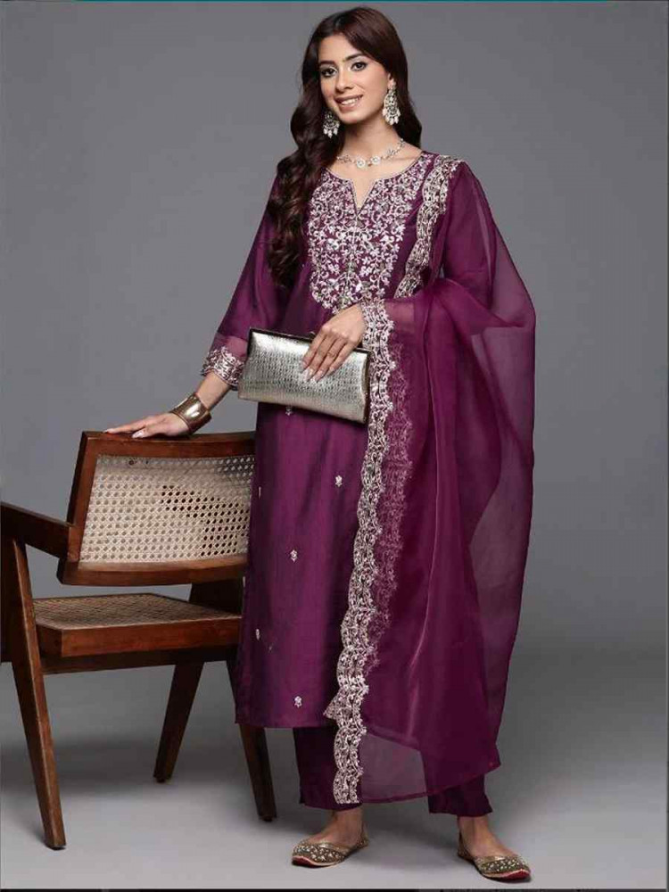 Image of Wine Chanderi Silk Embroidery Party Wedding Festival Casual Ready Pant Salwar Kameez