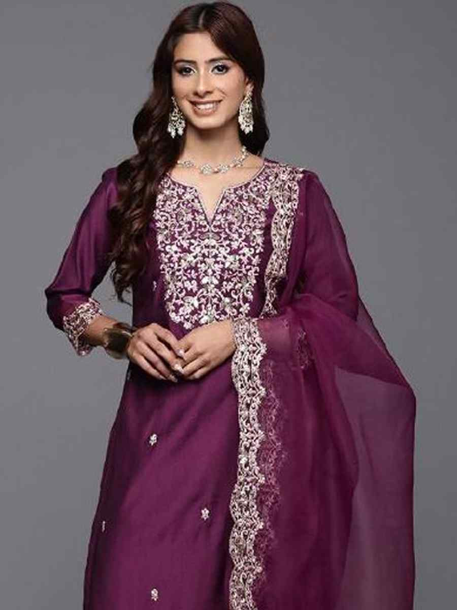 Wine Chanderi Silk Embroidery Party Wedding Festival Casual Ready Pant Salwar Kameez