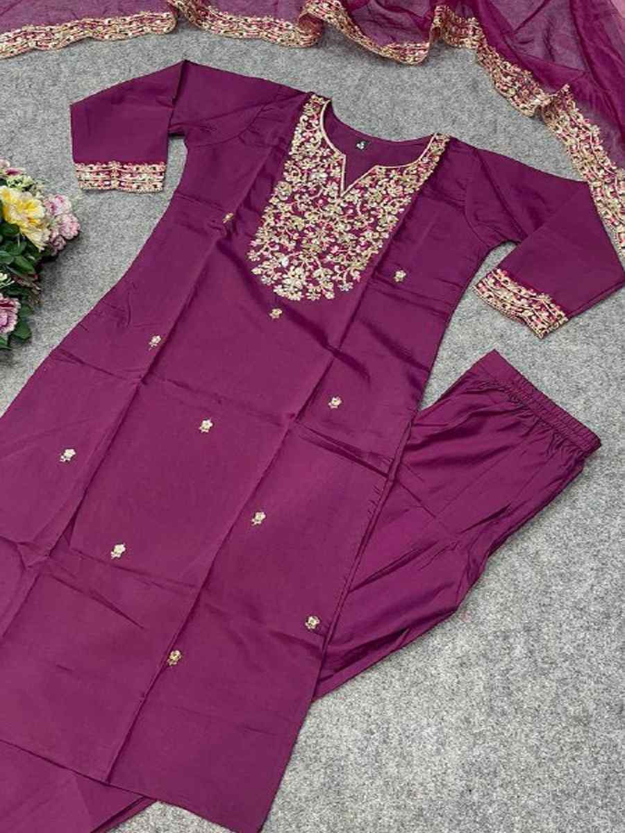 Wine Chanderi Silk Embroidery Party Wedding Festival Casual Ready Pant Salwar Kameez