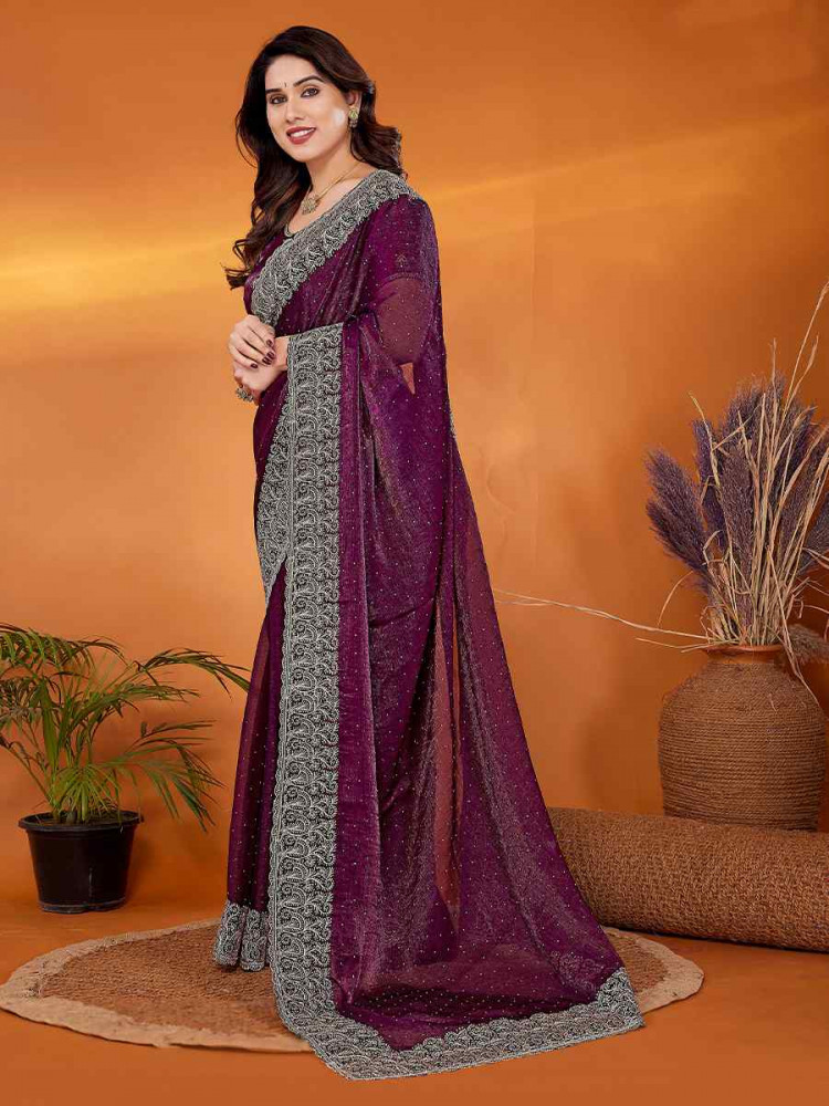 Wine Chiffon Embroidered Festival Wedding Fancy Heavy Border Saree