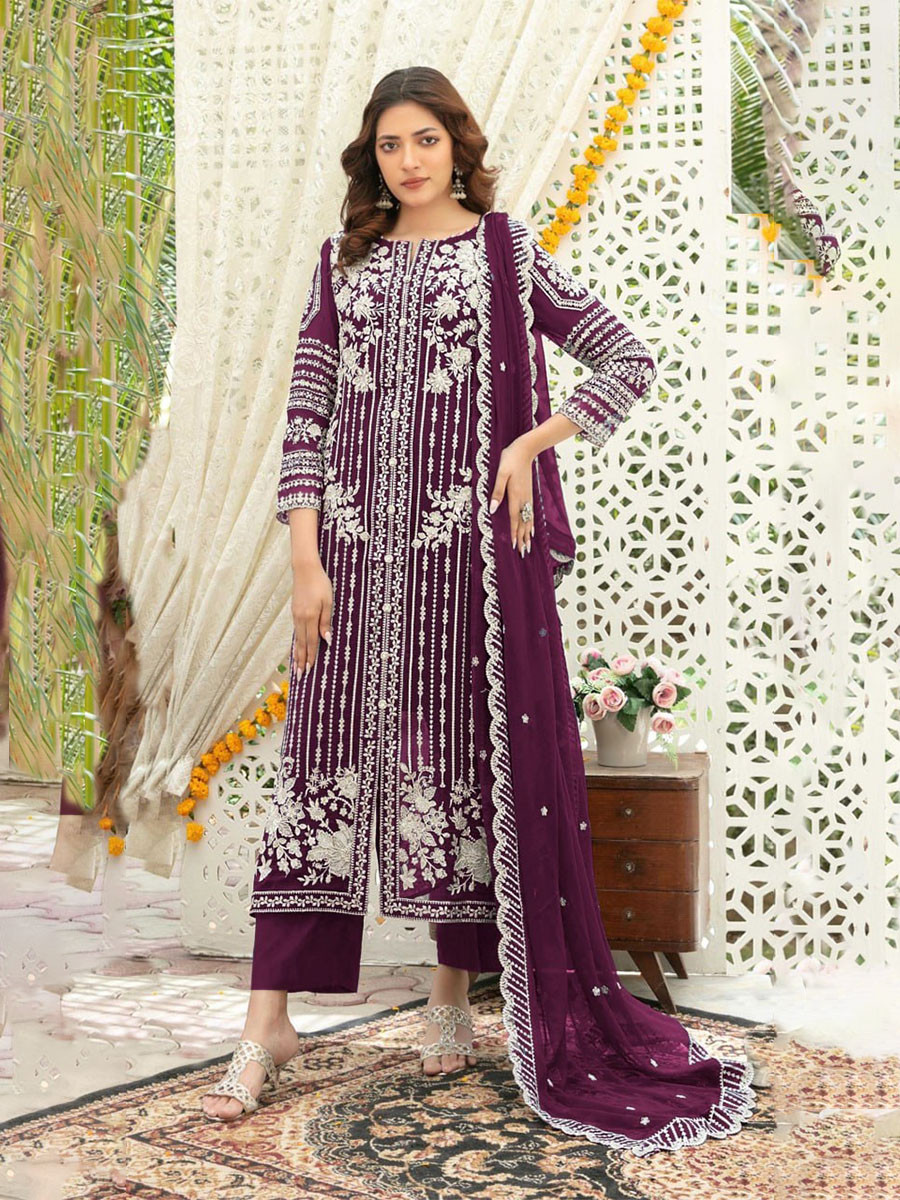 Wine Chiffon Embroidery Sequins Wedding Party Festival Casual Palazzo Pant Salwar Kameez