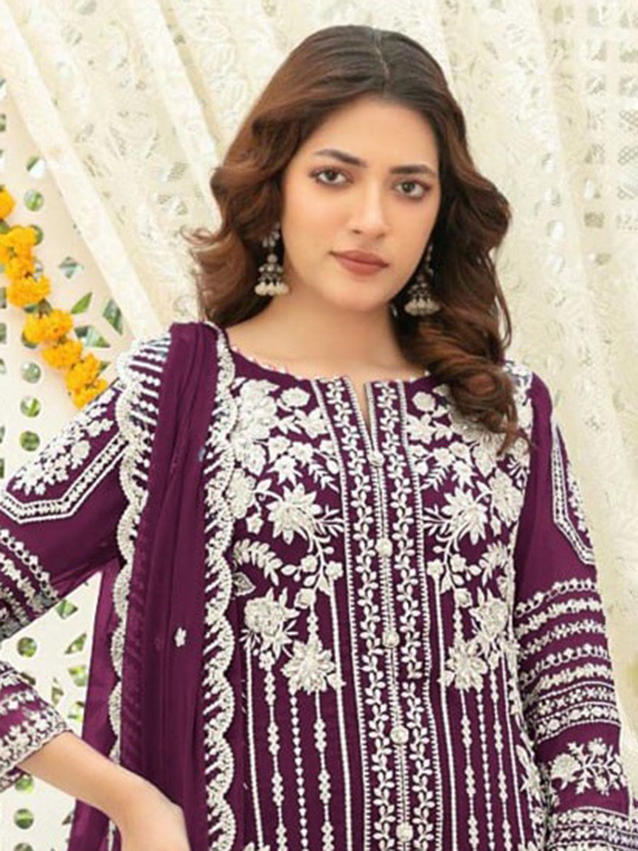 Wine Chiffon Embroidery Sequins Wedding Party Festival Casual Palazzo Pant Salwar Kameez