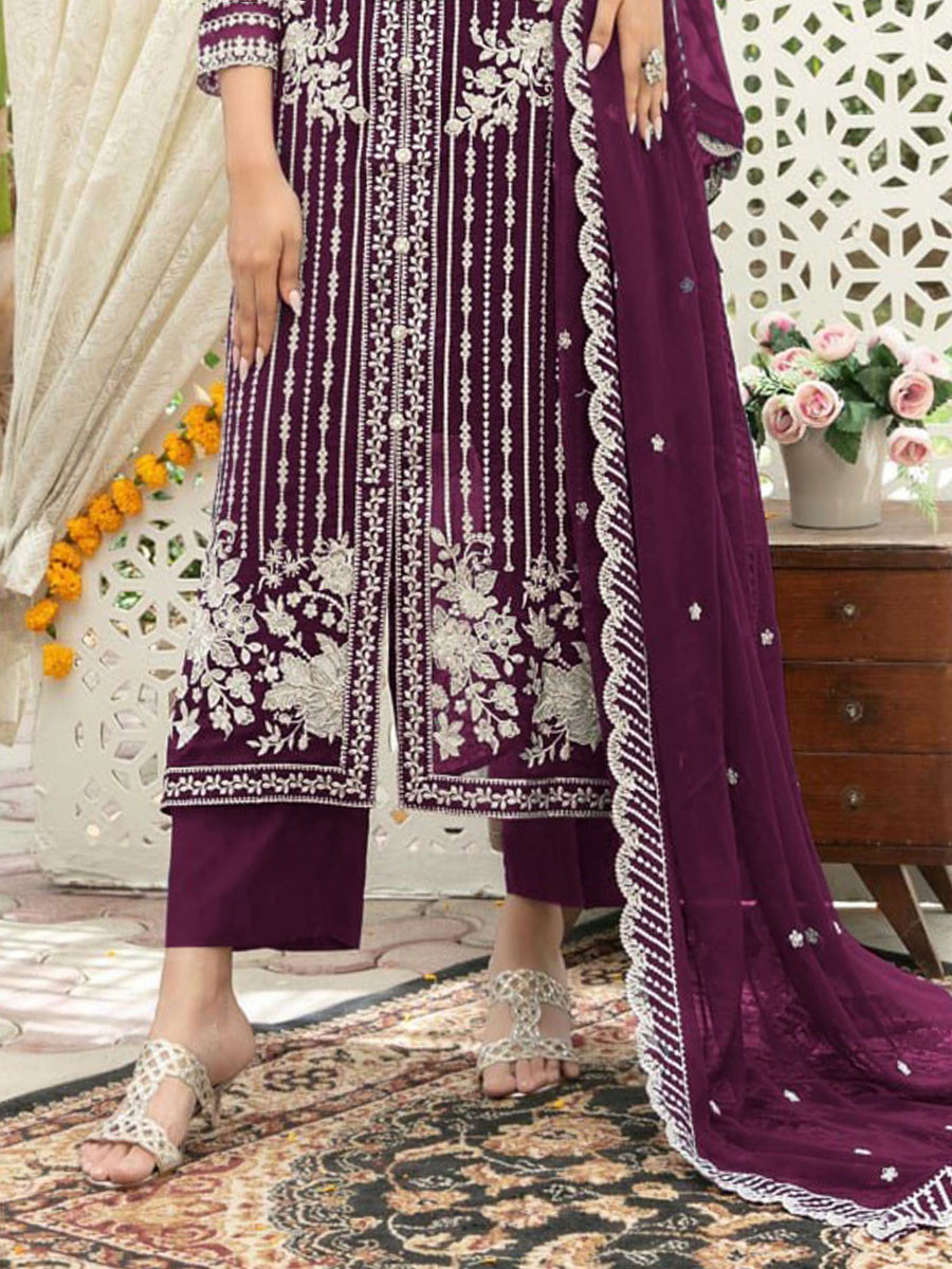 Wine Chiffon Embroidery Sequins Wedding Party Festival Casual Palazzo Pant Salwar Kameez