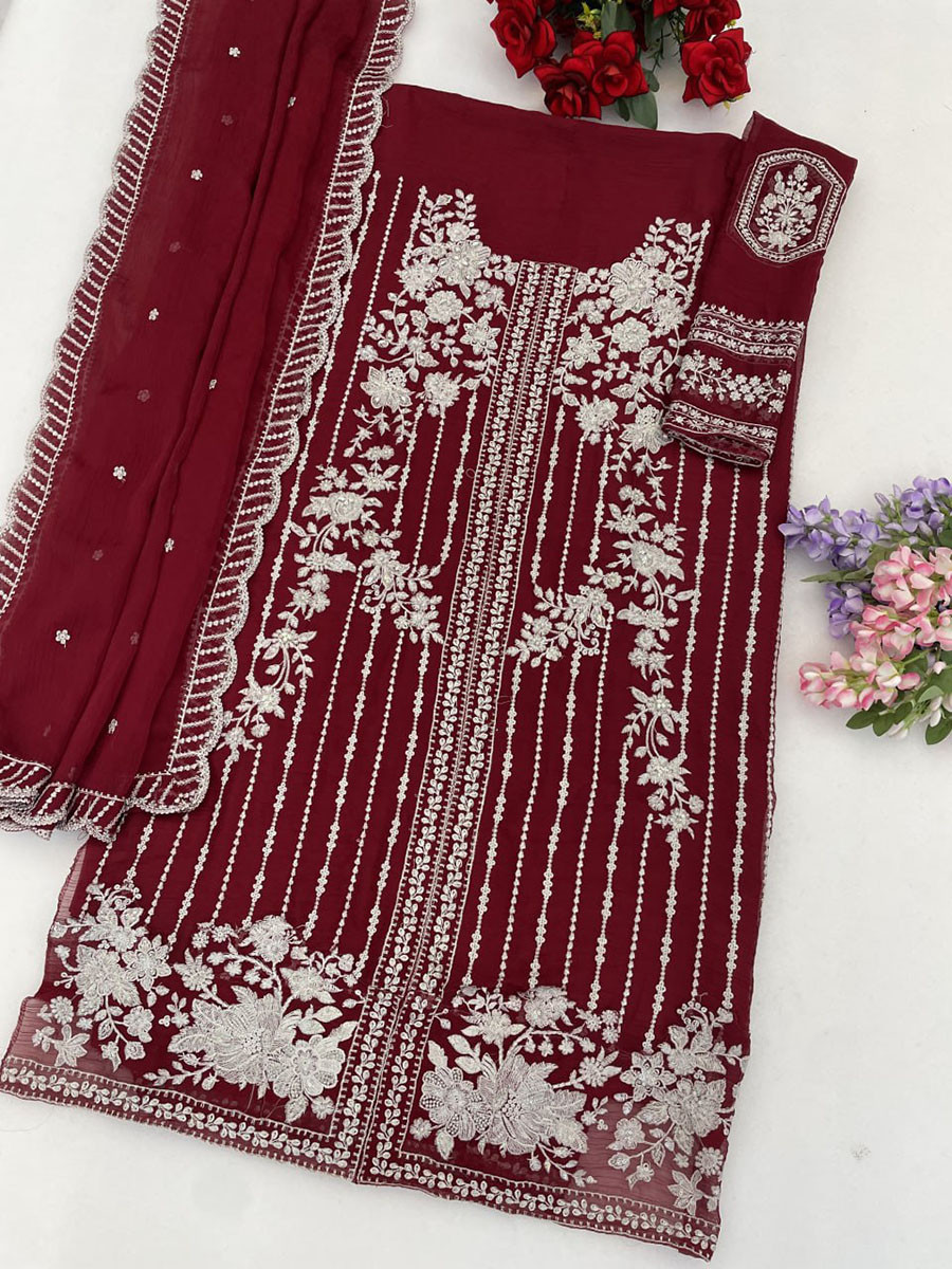 Wine Chiffon Embroidery Sequins Wedding Party Festival Casual Palazzo Pant Salwar Kameez