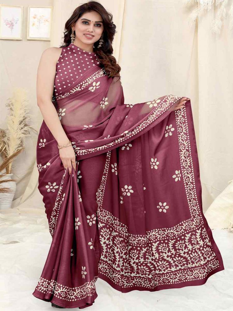 Wine Chinon Chiffon Printed Casual Festival Contemporary Saree