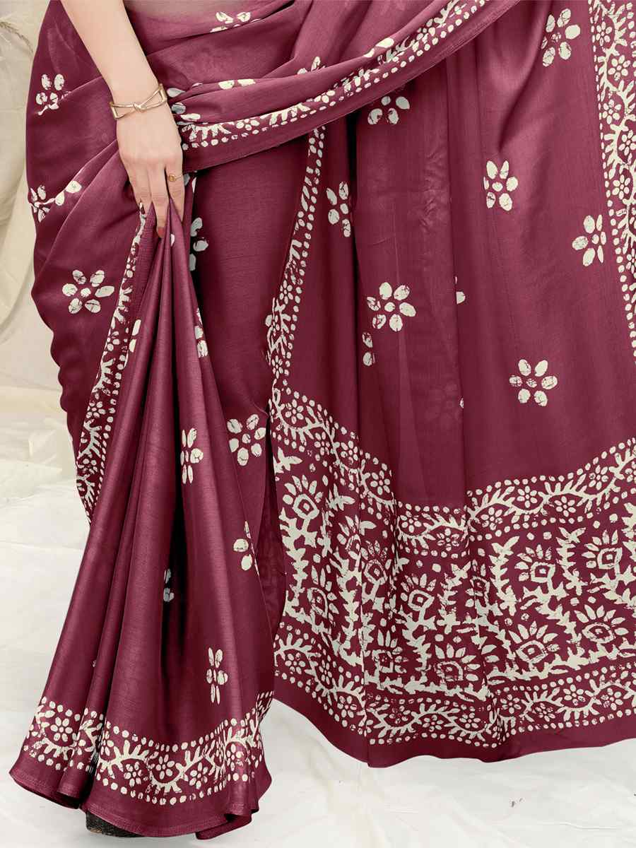 Wine Chinon Chiffon Printed Casual Festival Contemporary Saree