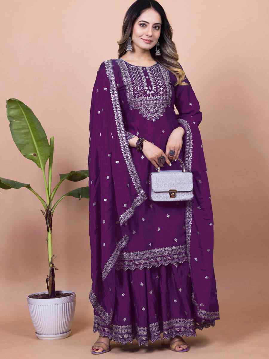 Wine Chinon Embroidered Festival Casual Ready Sharara Pant Salwar Kameez