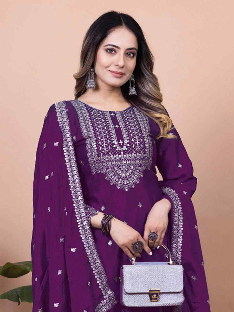 Wine Chinon Embroidered Festival Casual Ready Sharara Pant Salwar Kameez
