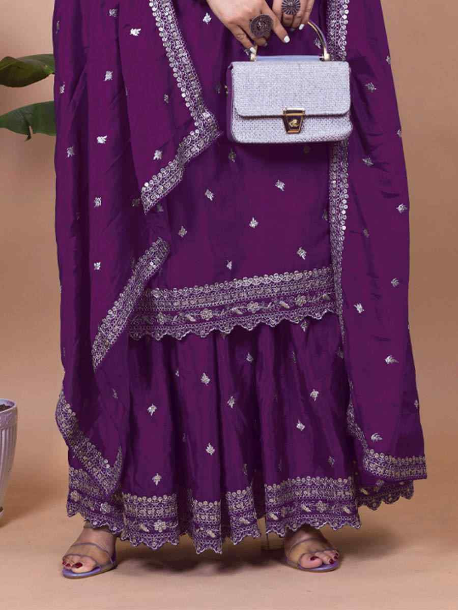 Wine Chinon Embroidered Festival Casual Ready Sharara Pant Salwar Kameez