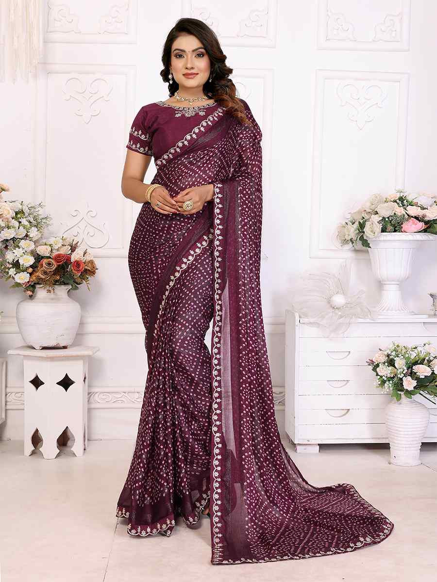 Wine Chinon Embroidered Festival Wedding Fancy Heavy Border Saree