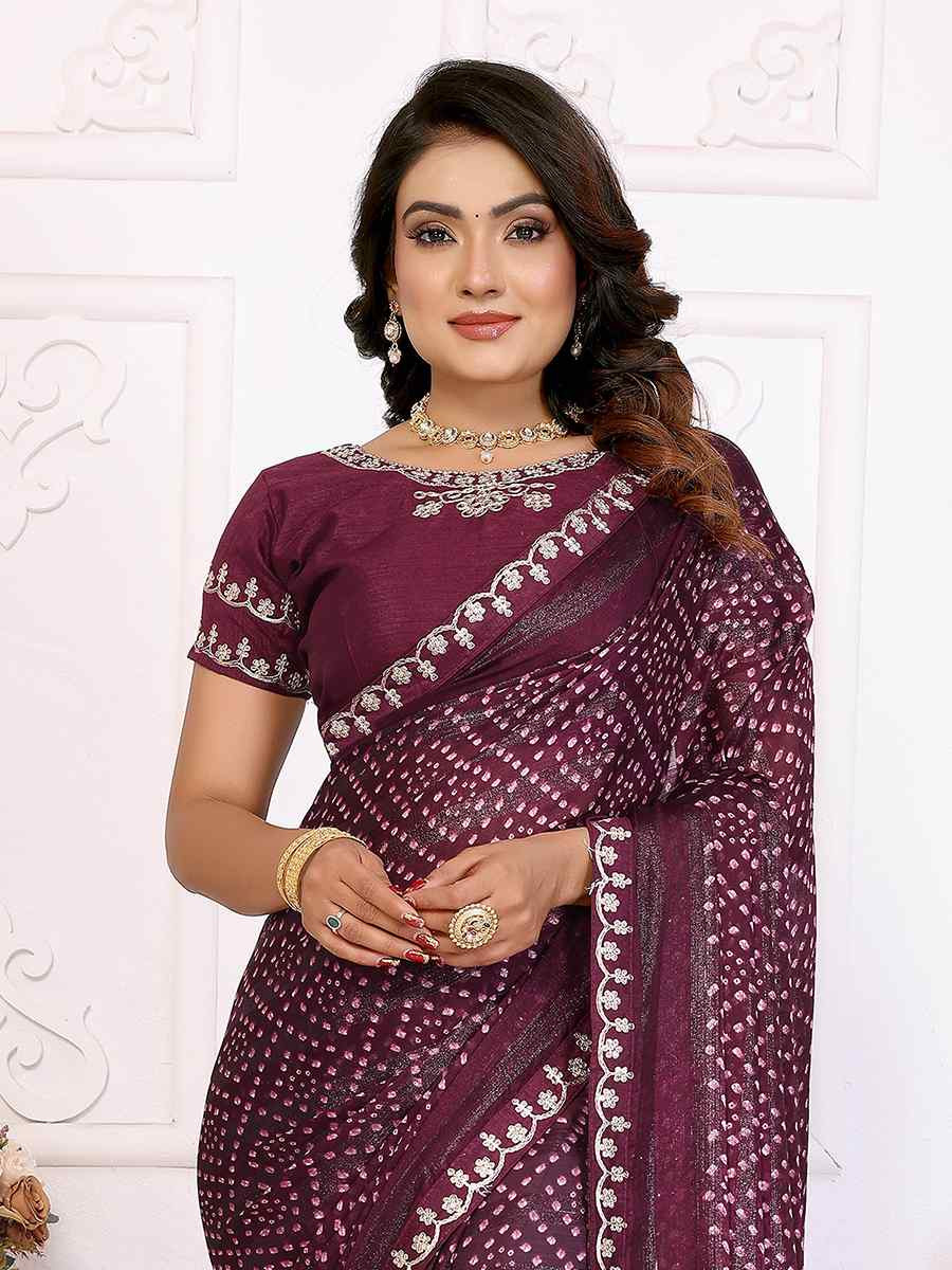 Wine Chinon Embroidered Festival Wedding Fancy Heavy Border Saree