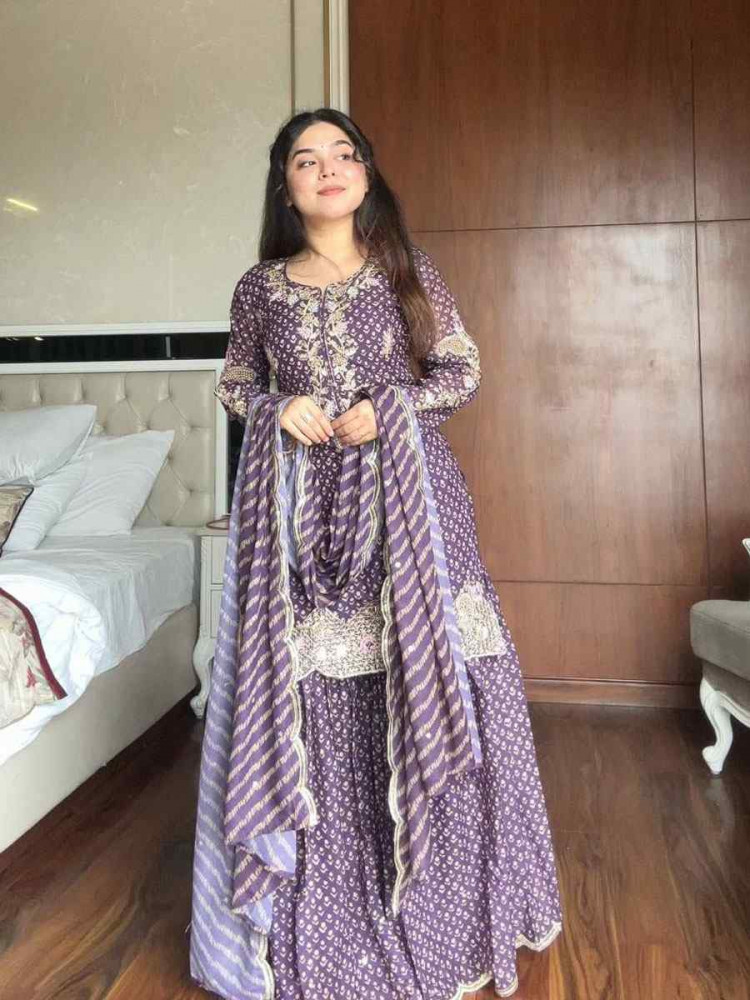 Image of Wine Chinon Embroidery Party Wedding Festival Casual Ready Sharara Pant Salwar Kameez