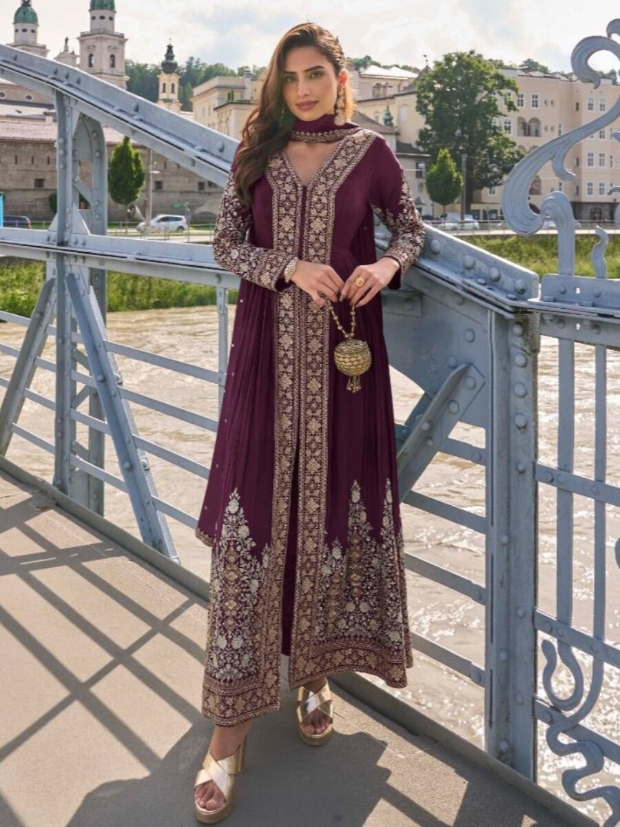 Wine Chinon Embroidery Sequins Wedding Festival Casual Party Ready Lawn Pant Salwar Kameez