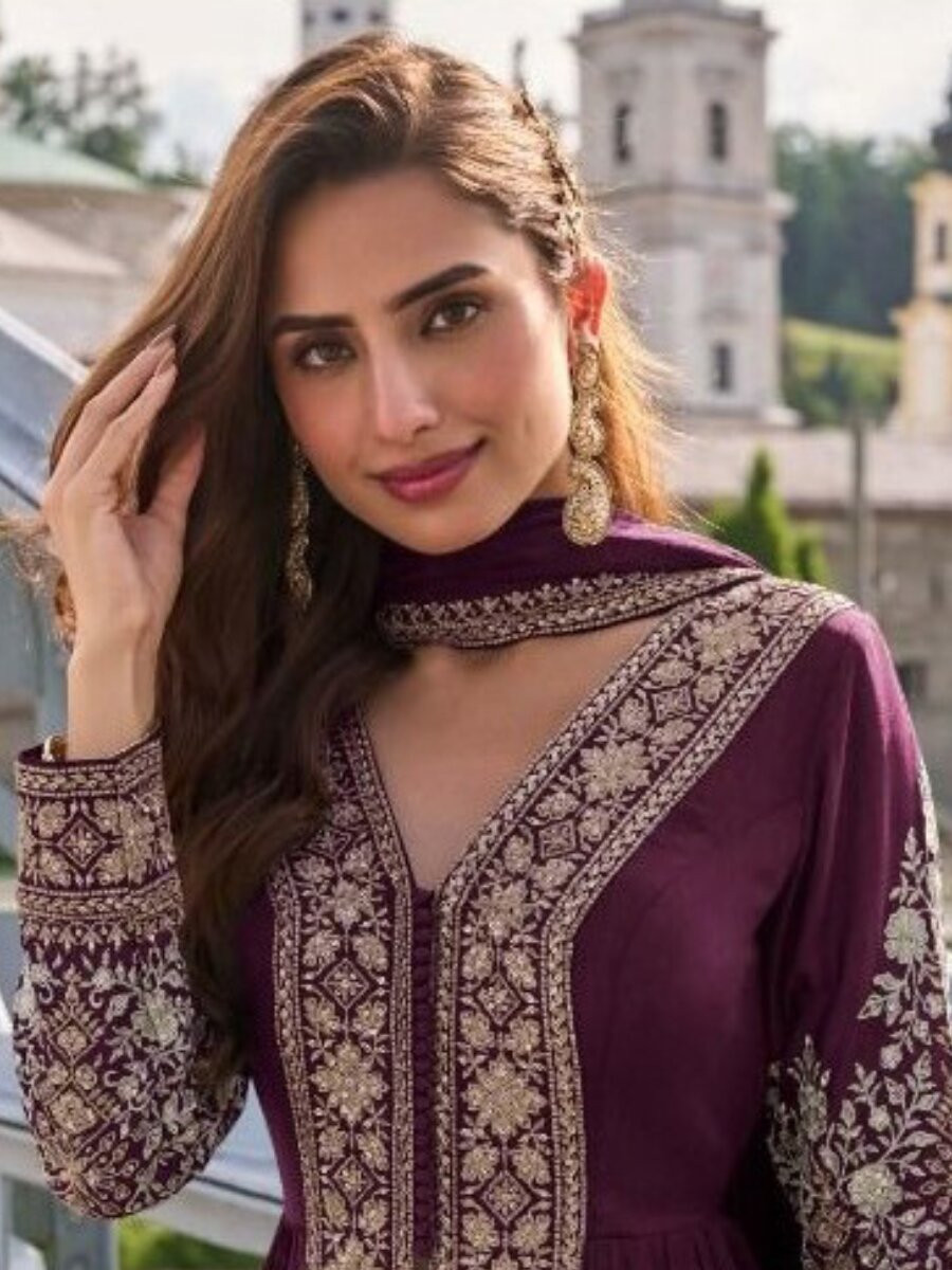 Wine Chinon Embroidery Sequins Wedding Festival Casual Party Ready Lawn Pant Salwar Kameez