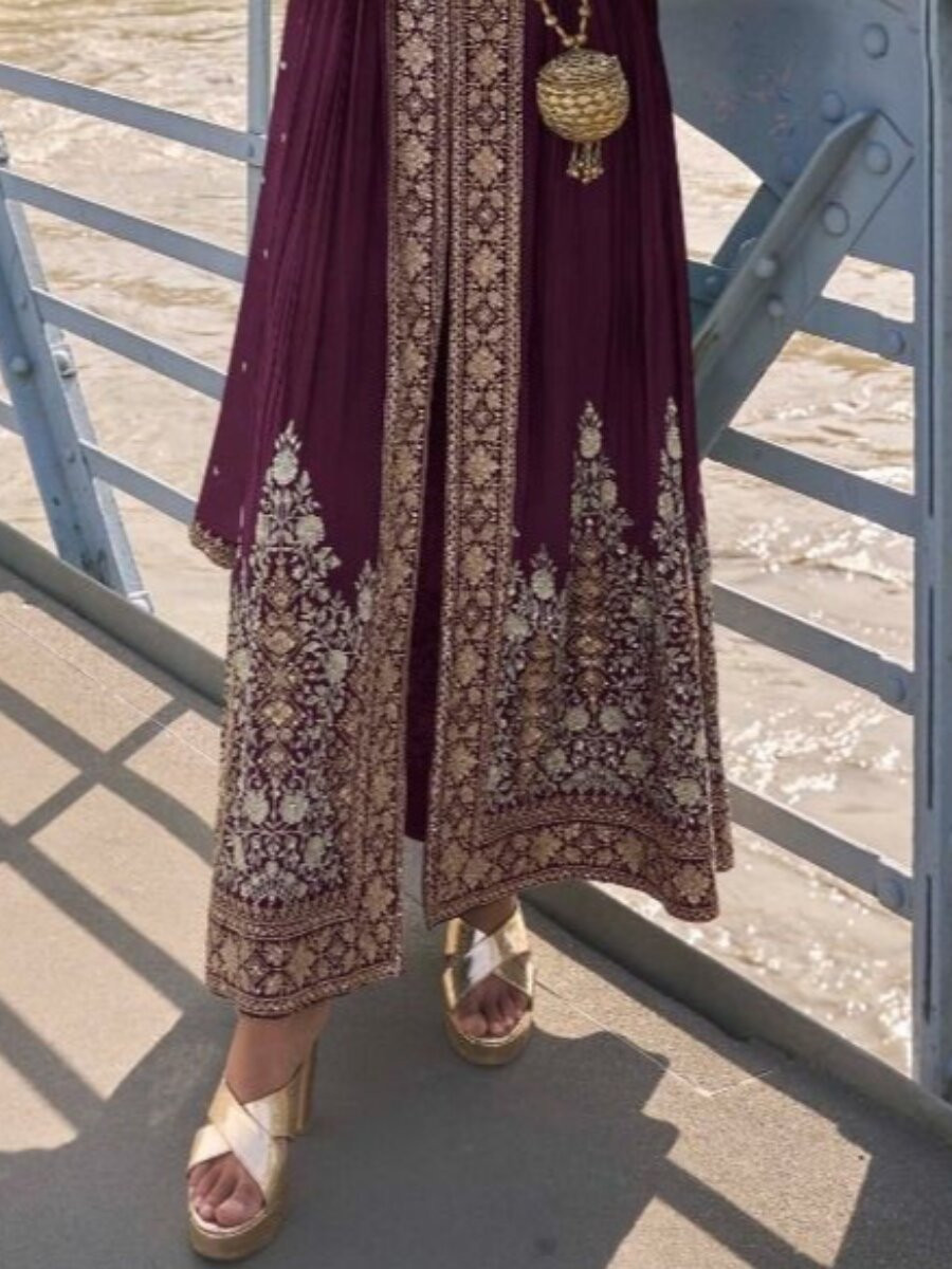 Wine Chinon Embroidery Sequins Wedding Festival Casual Party Ready Lawn Pant Salwar Kameez