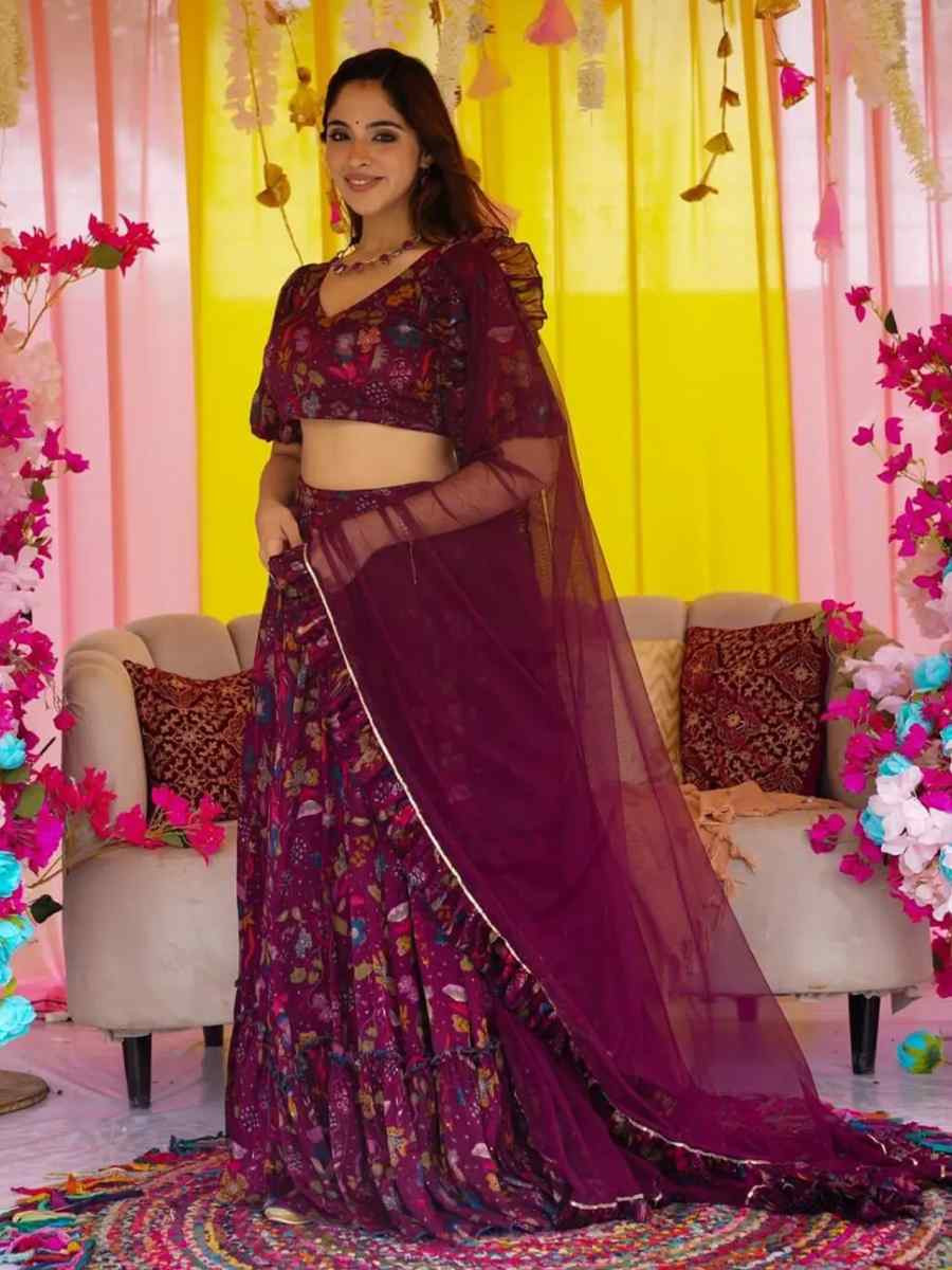 Wine Chinon floral Printed Festival Traditional Lehenga Choli