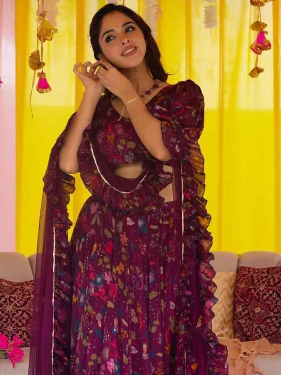 Wine Chinon floral Printed Festival Traditional Lehenga Choli