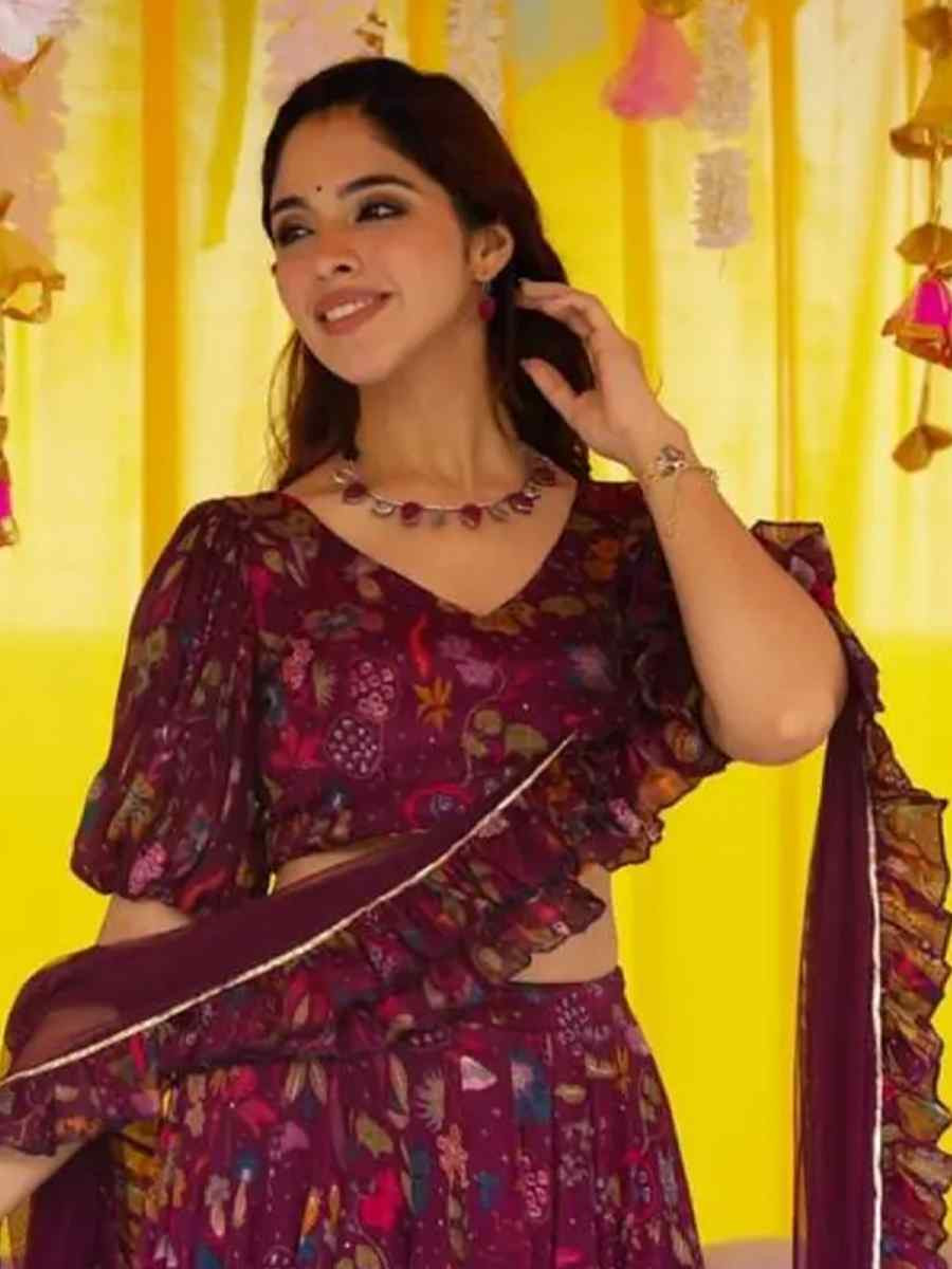 Wine Chinon floral Printed Festival Traditional Lehenga Choli