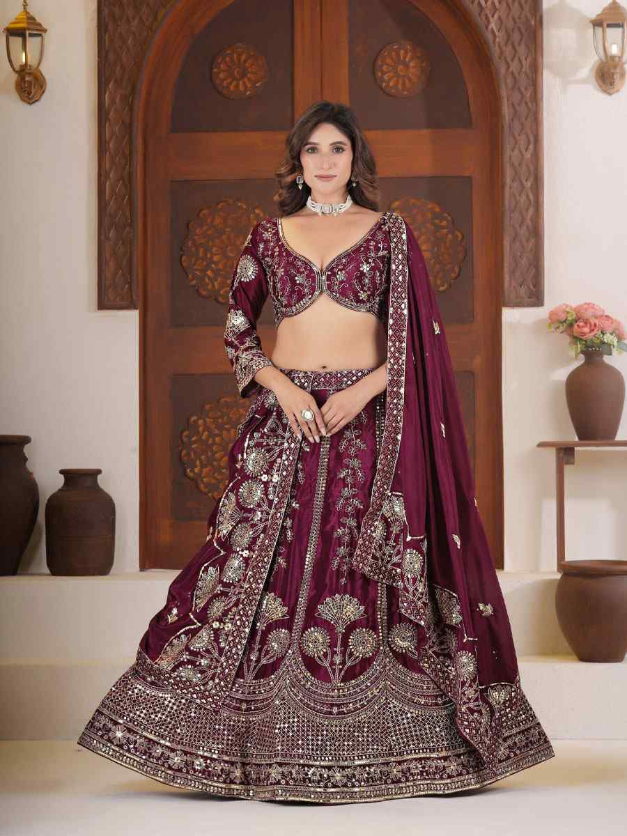 Wine Chinon Silk Embroidered Bridal Wedding Reception Festival Heavy Border Lehenga Choli
