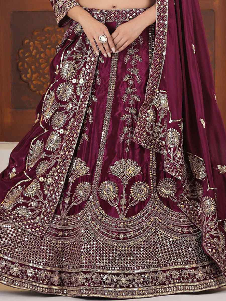 Wine Chinon Silk Embroidered Bridal Wedding Reception Festival Heavy Border Lehenga Choli
