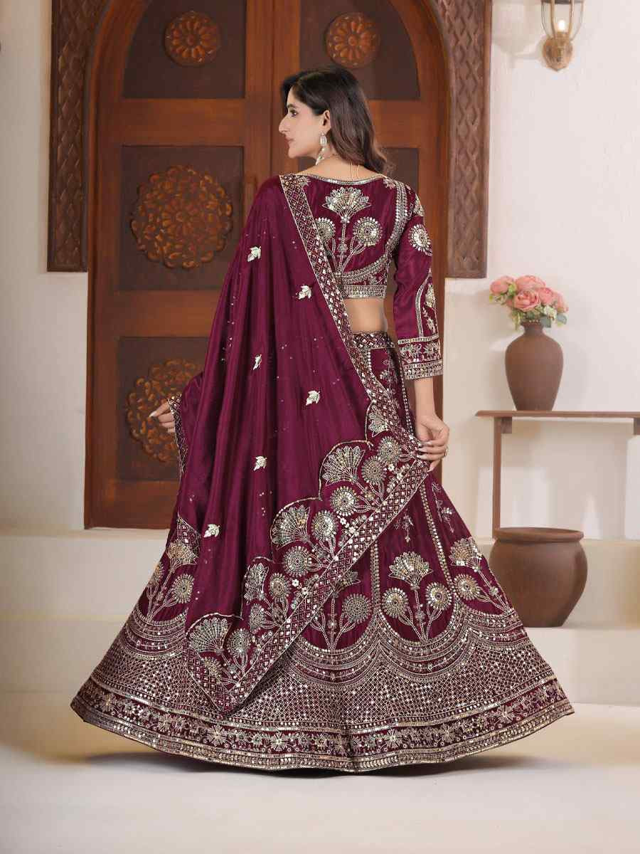 Wine Chinon Silk Embroidered Bridal Wedding Reception Festival Heavy Border Lehenga Choli