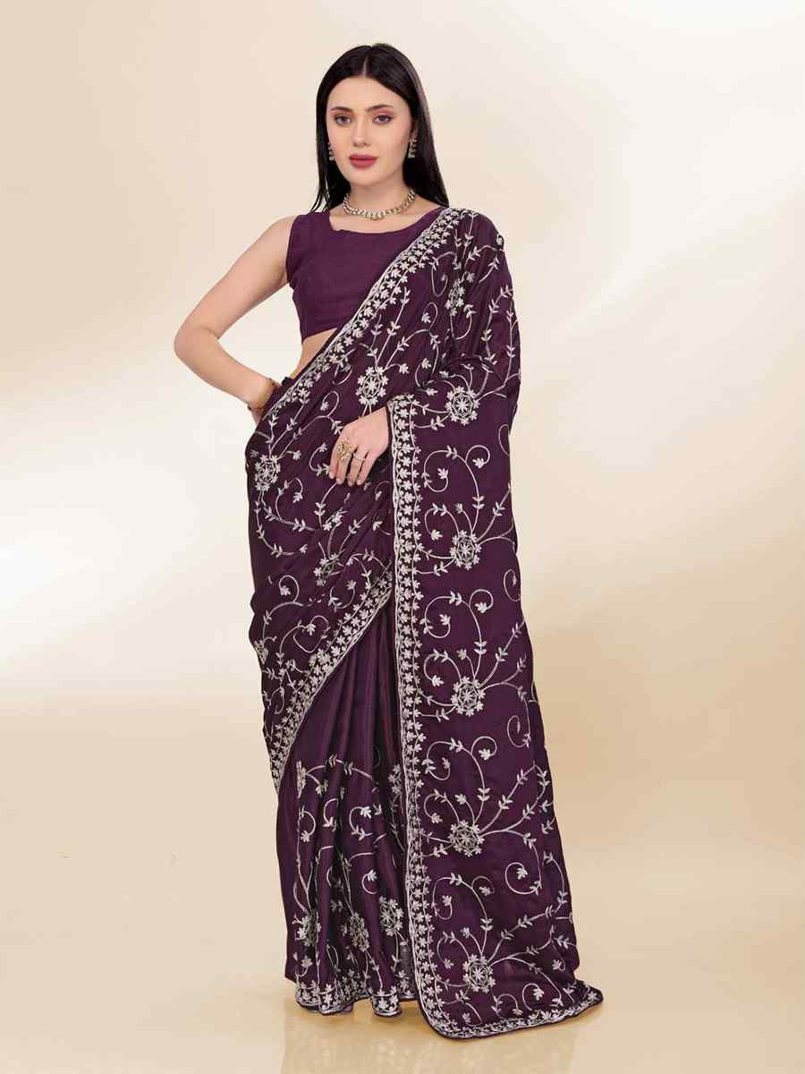 Wine Chinon silk Embroidered Festival Wedding Classic Style Saree