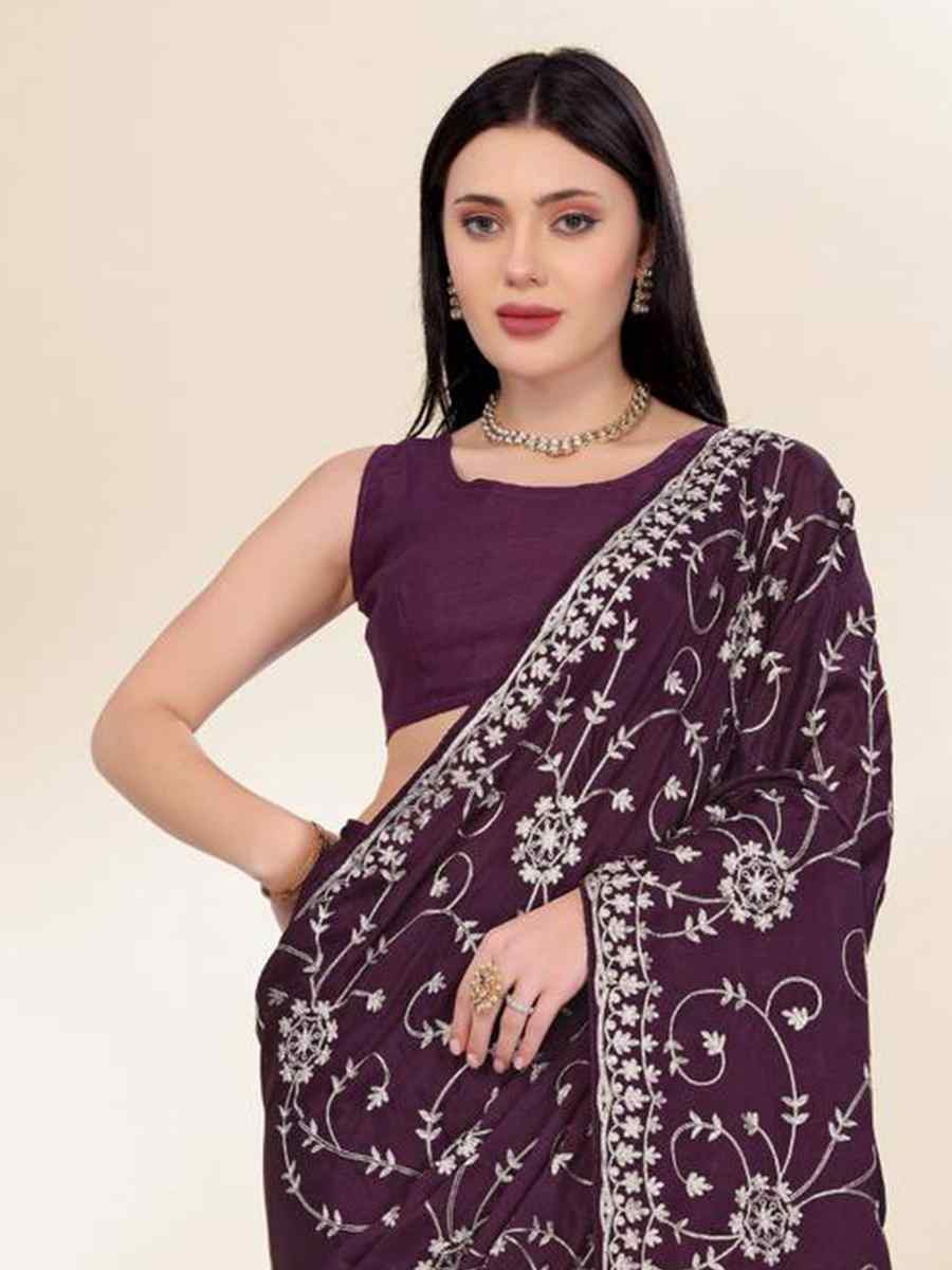 Wine Chinon silk Embroidered Festival Wedding Classic Style Saree