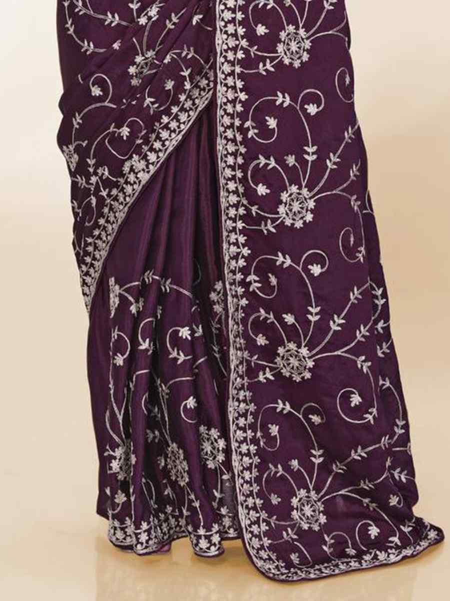 Wine Chinon silk Embroidered Festival Wedding Classic Style Saree