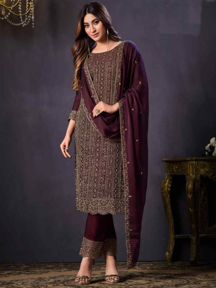 Wine Cotonic Georgette Embroidered Festival Party Pant Salwar Kameez