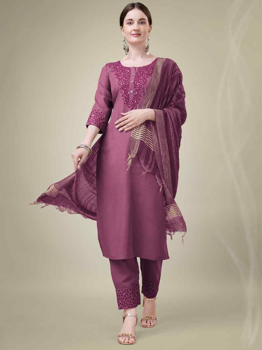 Wine Cotton Blend Embroidered Festival Casual Ready Pant Salwar Kameez